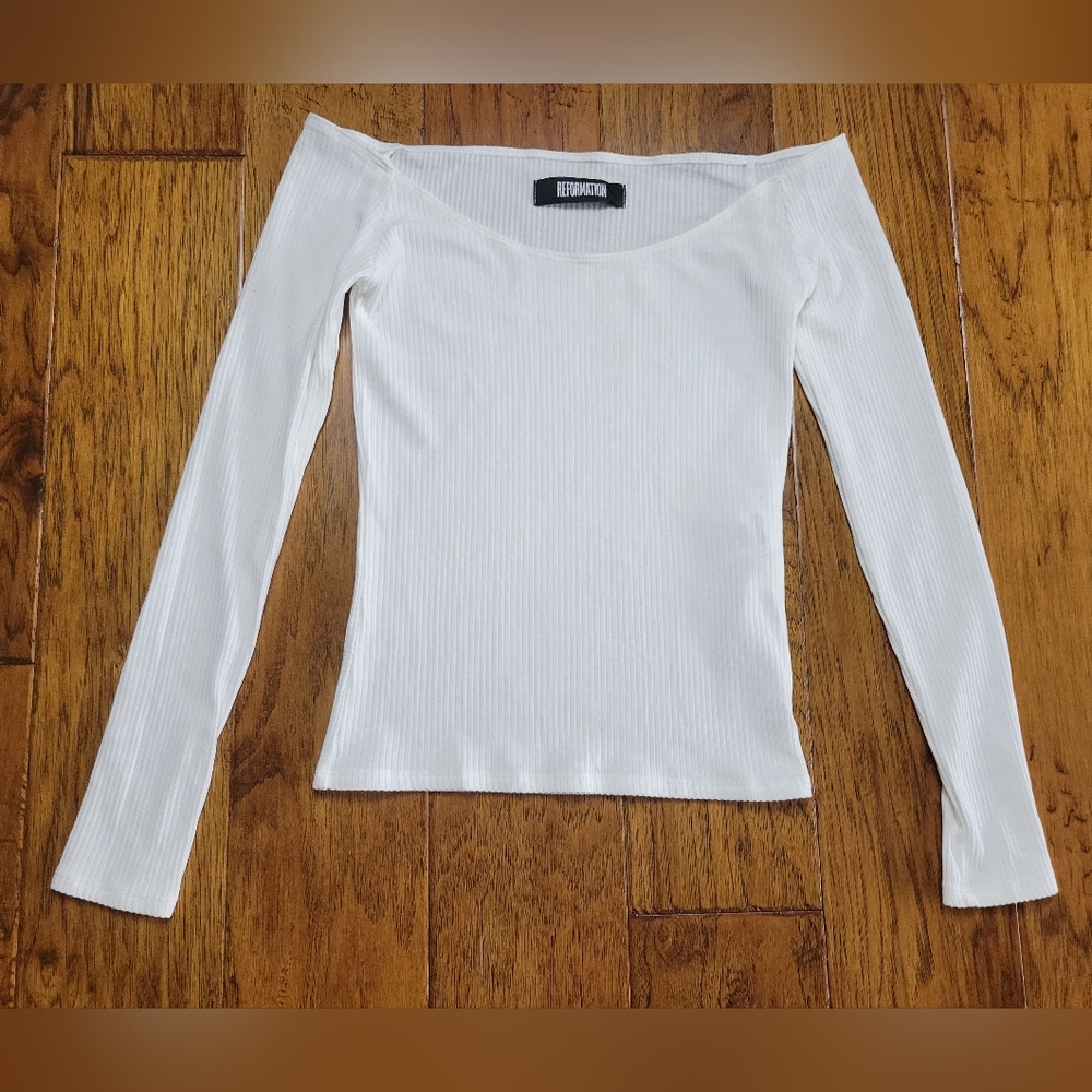 Reformation Shirt Ribbed Off Shoulder Long Sleeve Fitted Top White Tencel Small